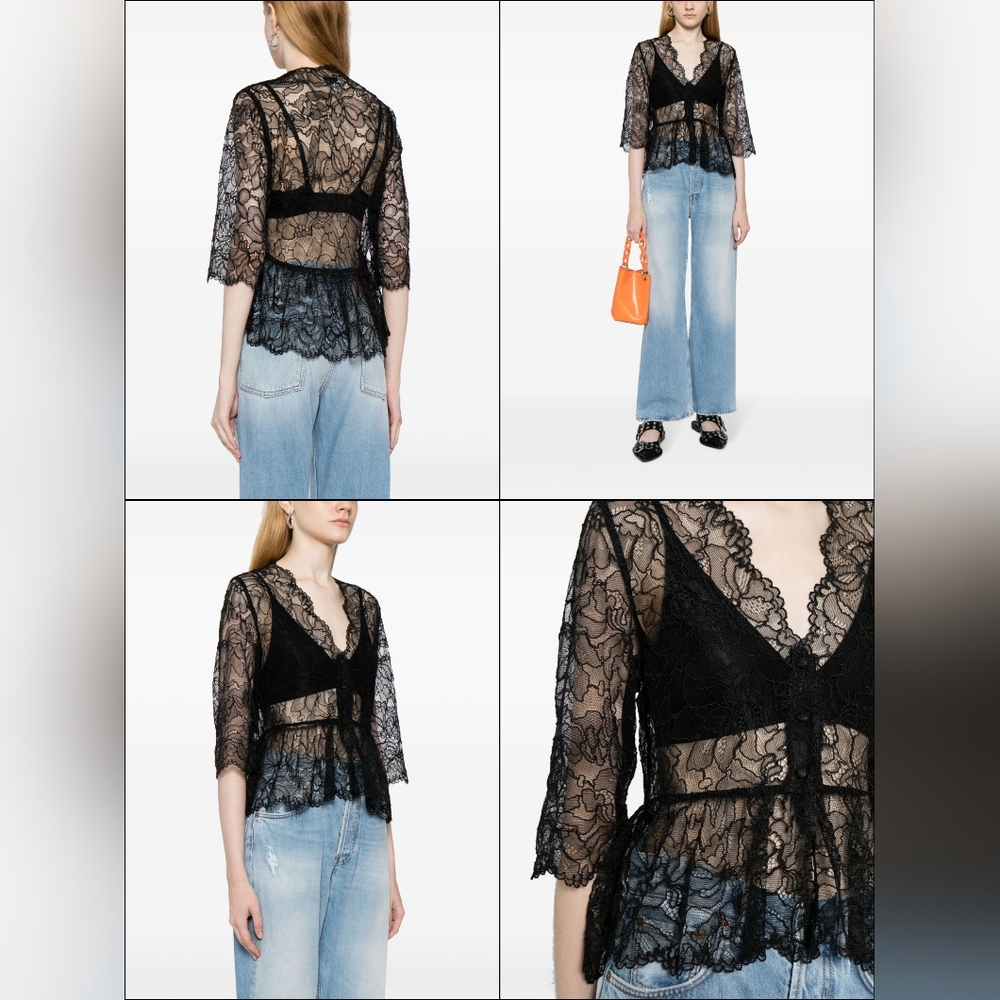 GANNI Light Floral Lace V-neck Sheer Peplum Top Black Blouse Ruffle 36 (US 4 S) - Picture 3 of 16